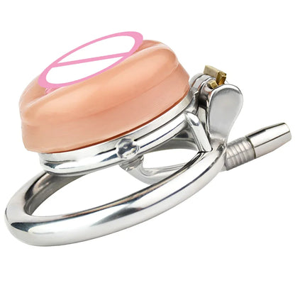 Multi-Use Metal Flat Chastity Cage with Fake Pussy and Catheter and PU Belt