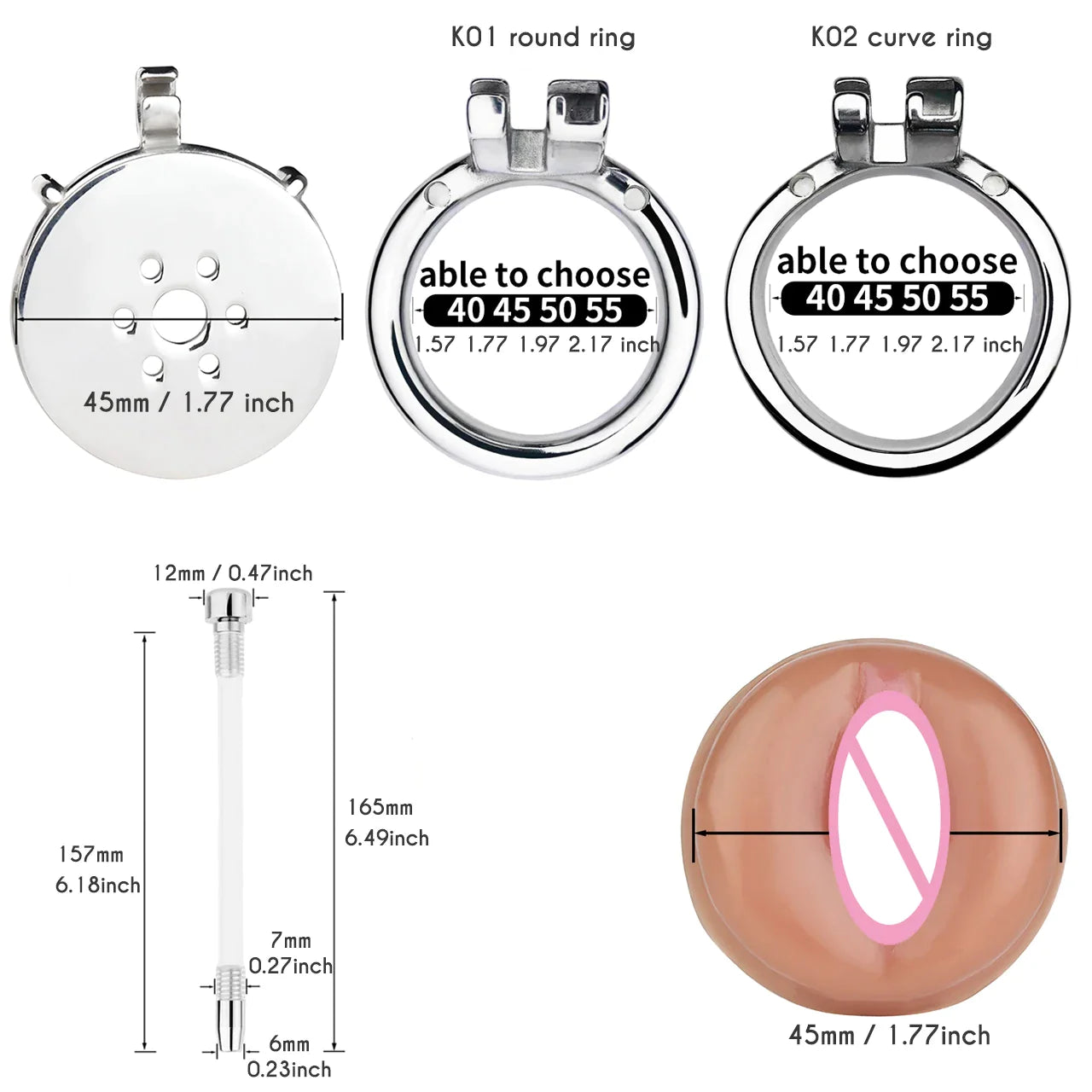 Multi-Use Metal Flat Chastity Cage with Fake Pussy and Catheter and PU Belt