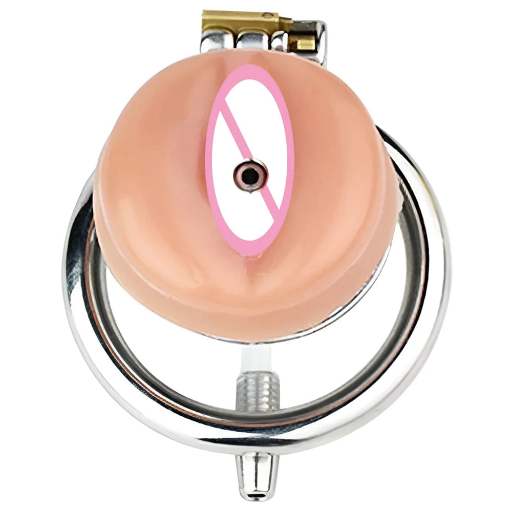 Multi-Use Metal Flat Chastity Cage with Fake Pussy and Catheter and PU Belt