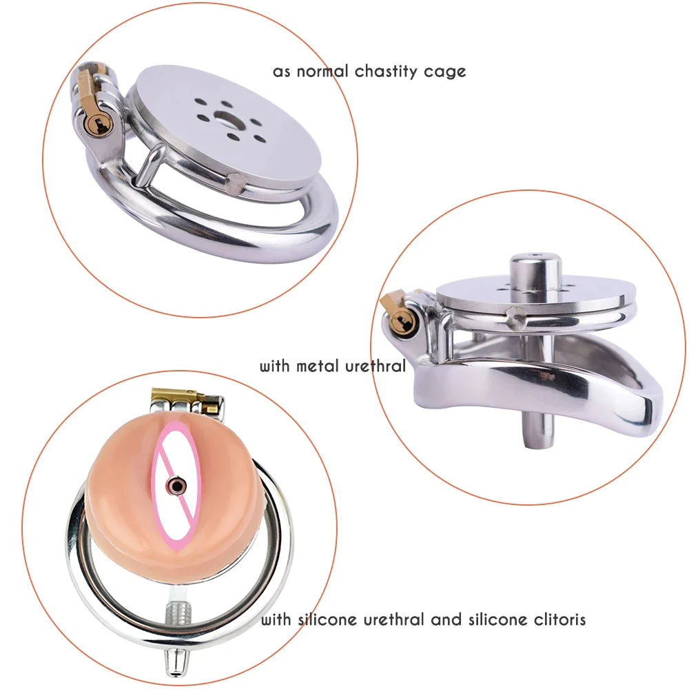 Multi-Use Metal Flat Chastity Cage with Fake Pussy and Catheter and PU Belt