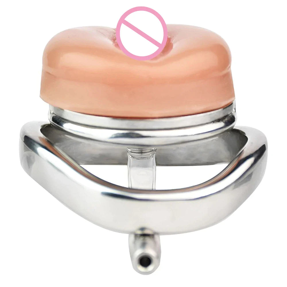 Multi-Use Metal Flat Chastity Cage with Fake Pussy and Catheter and PU Belt