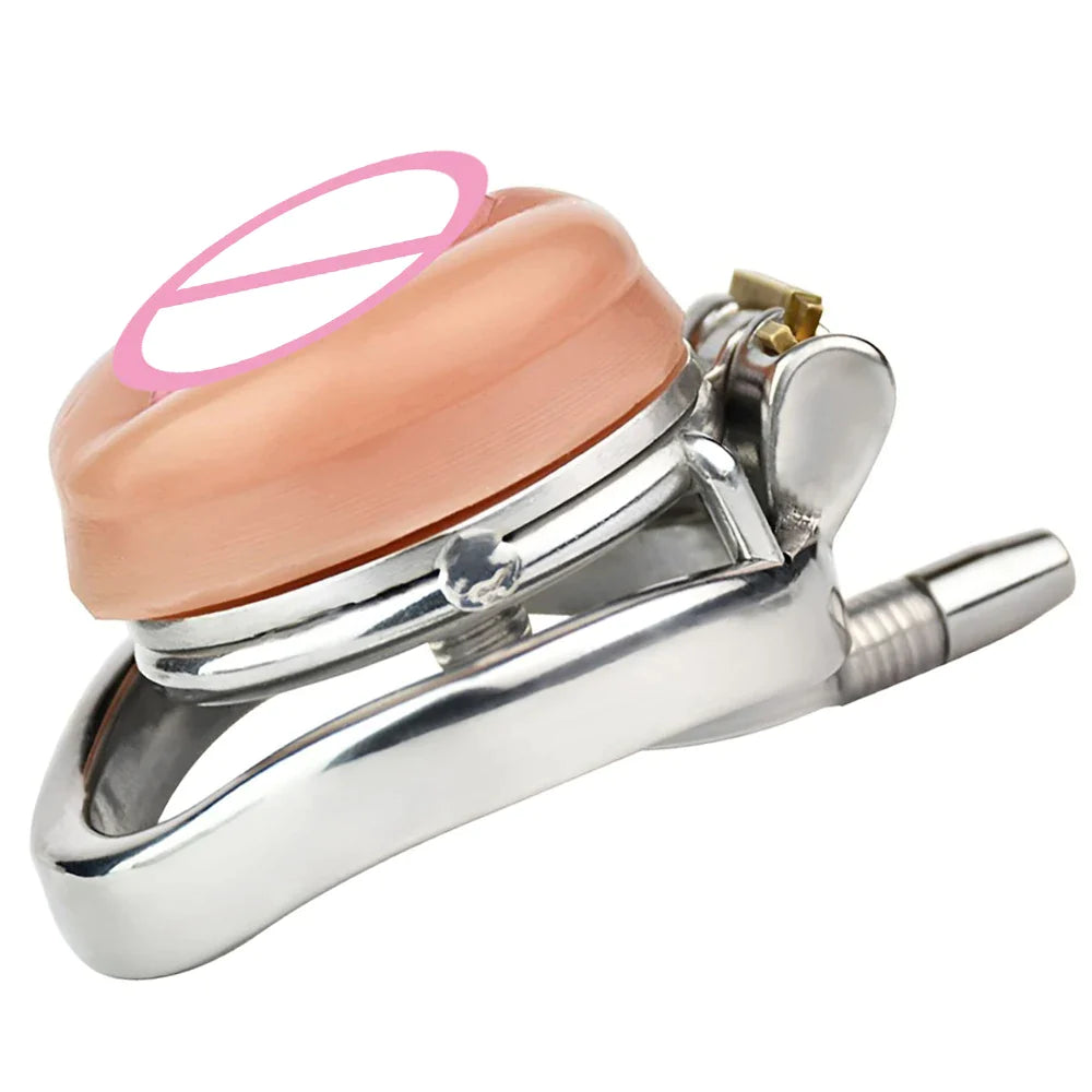 Multi-Use Metal Flat Chastity Cage with Fake Pussy and Catheter and PU Belt