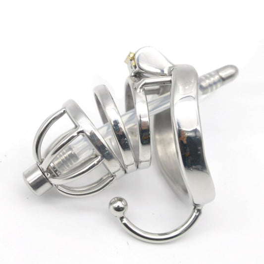 Male Chastity Cock Cage: Stainless Steel Hollow Breathable Sleeve with Urinary Catheter Tube Lock - ChastityBondage