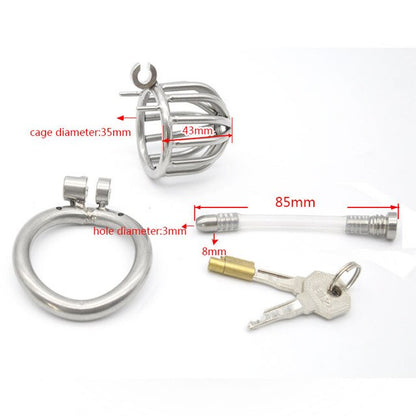 Small Metal Chastity Cock Cage For Men with Urinary Catheter, Penis Ring, and Lock - ChastityBondage