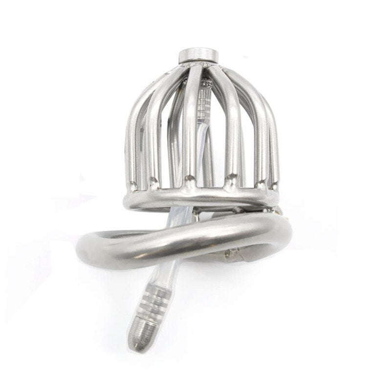 Small Metal Chastity Cock Cage For Men with Urinary Catheter, Penis Ring, and Lock - ChastityBondage