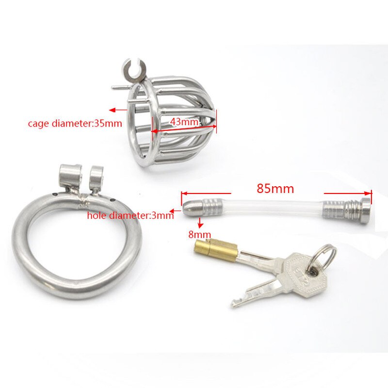 Small Metal Chastity Cock Cage For Men with Urinary Catheter, Penis Ring, and Lock - ChastityBondage