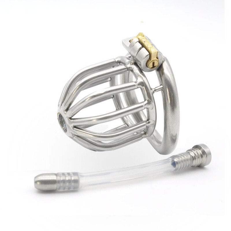 Small Metal Chastity Cock Cage For Men with Urinary Catheter, Penis Ring, and Lock - ChastityBondage