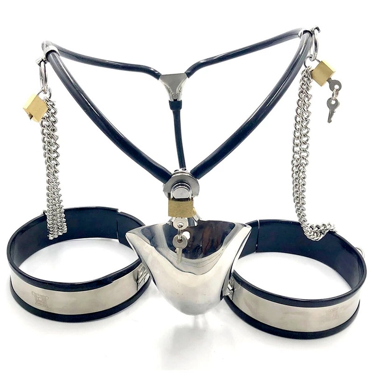Cock Cage Chastity Belt: Stainless Steel Male Slave Panties with Thigh Cuffs, Chain Shield, and Locking Design - ChastityBondage