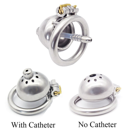 Super Small Chastity Cage For Men: Stainless Steel Cock Cage with Urinary Catheter and Penis Ring - ChastityBondage