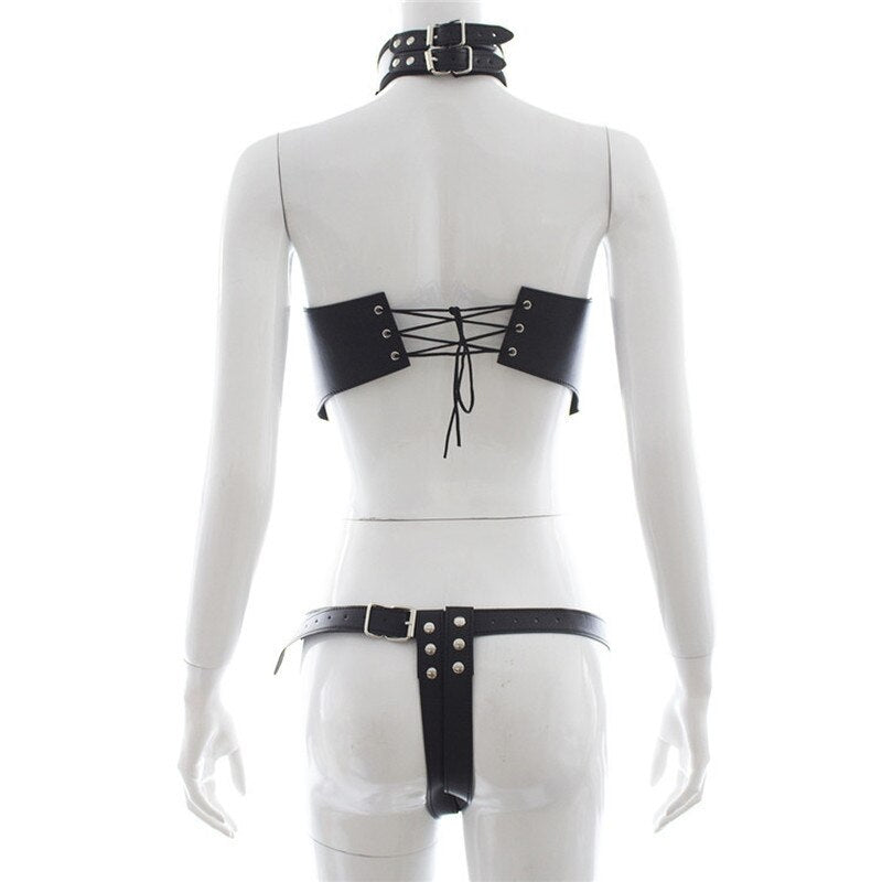 Bondage Harness Lingerie For Women - PU Leather Cupless Corset Bra and Body Harness Set - ChastityBondage