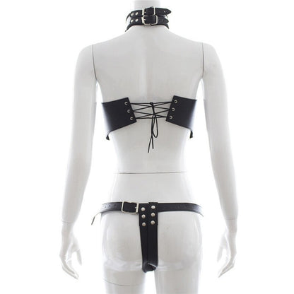 Bondage Harness Lingerie For Women - PU Leather Cupless Corset Bra and Body Harness Set - ChastityBondage