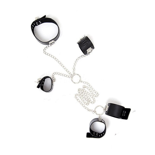 BDSM Neck Collar to Hand Restraint Set: PU Leather Cuffs with Chain for Body Bondage and Adult Games - ChastityBondage